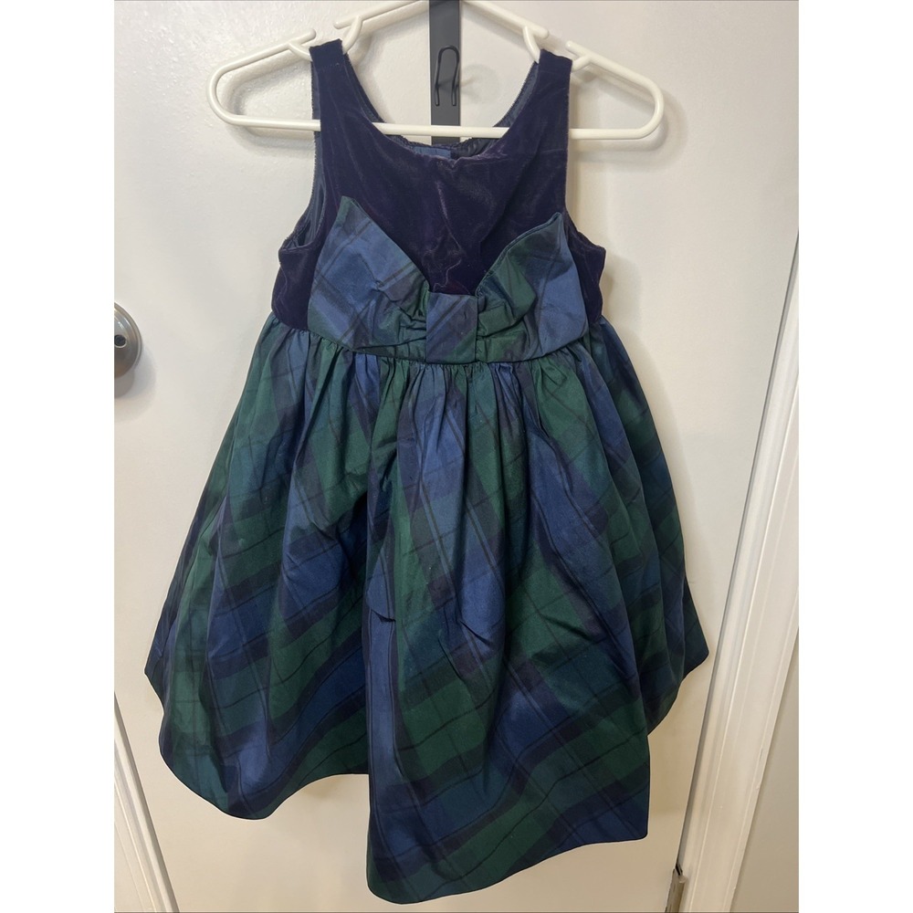 Janie and Jack Girls 2T Navy Velvet Silk Plaid Holiday Party Dress Blue Green